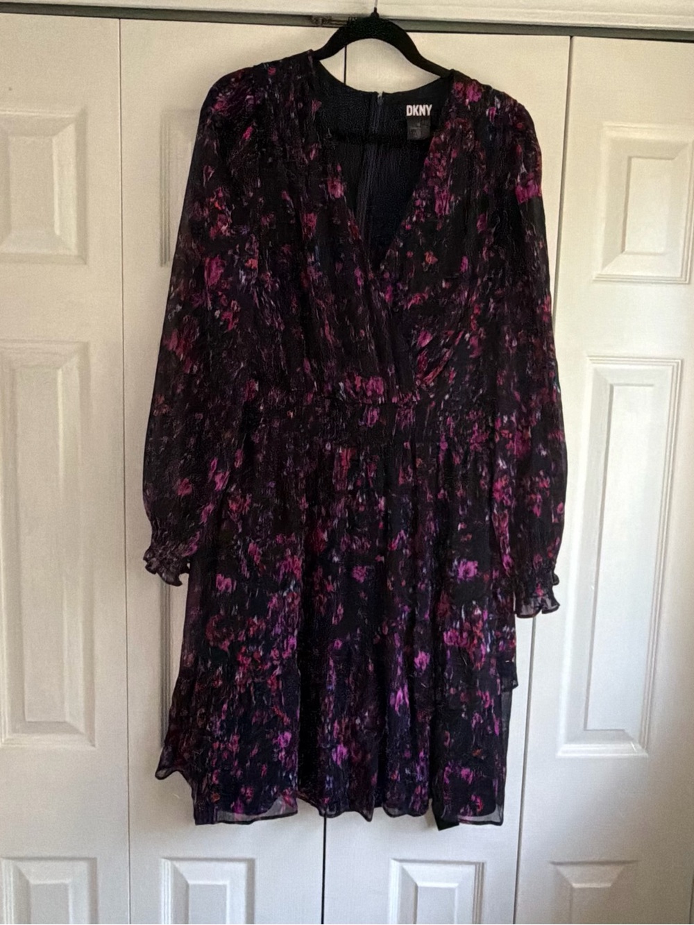 DKNY Navy Long Sleeve Floral-Print Dress with Pink & Purple Accents